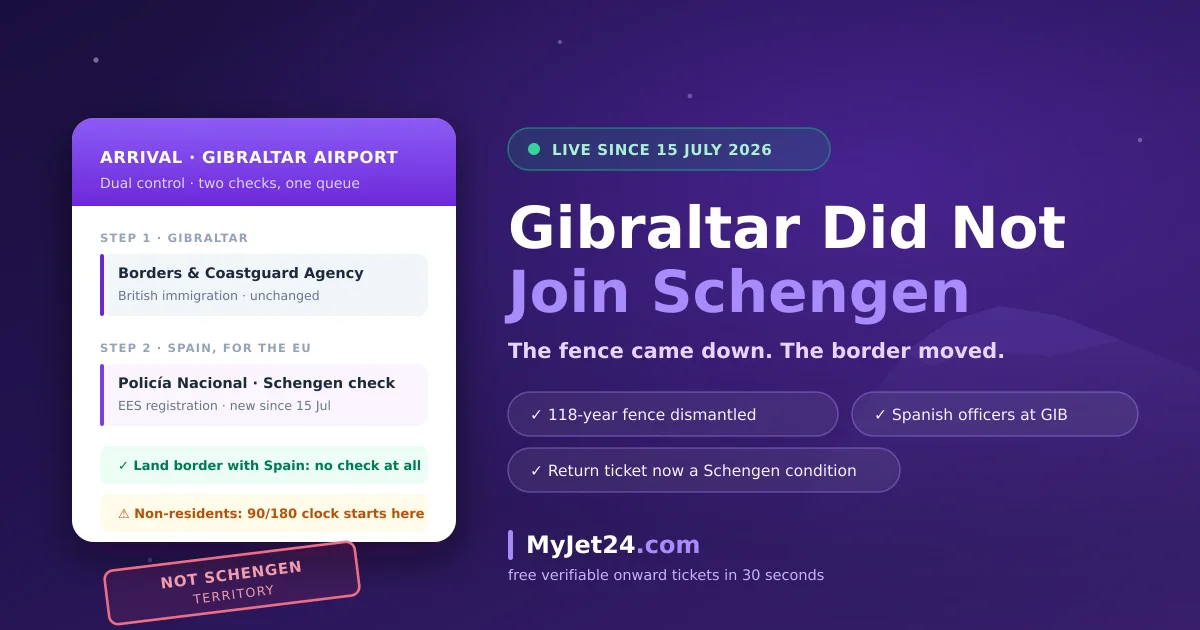 Gibraltar and Schengen 2026 — dual immigration control at Gibraltar airport, with a NOT SCHENGEN TERRITORY stamp and the new 90/180 day warning for non-residents