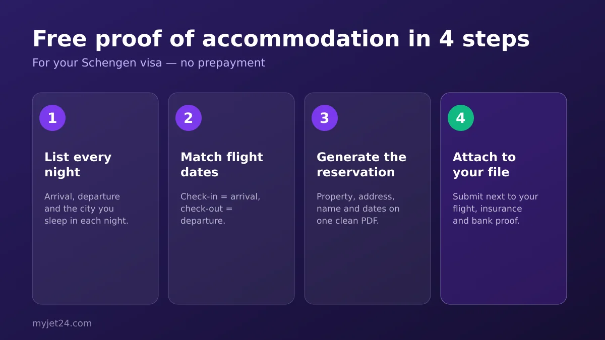 Four steps to get free proof of accommodation for a Schengen visa: enter cities and dates, match your flight itinerary, generate the reservation PDF, attach to your application