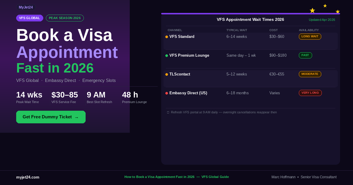 How to book a VFS Global visa appointment fast in 2026 — step-by-step guide showing wait times for VFS Standard, Premium Lounge, TLScontact and Embassy Direct channels