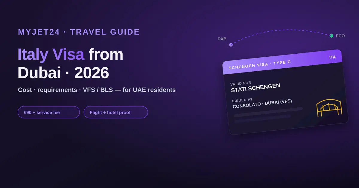 Italy visa from Dubai 2026 — a Schengen Type C visa sticker issued via VFS Dubai with a DXB to Rome route and Colosseum motif; cost, requirements and centres for UAE residents