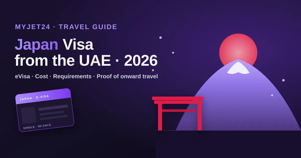 Japan visa from the UAE 2026 — Mount Fuji, torii gate and a Japan eVisa card; eVisa, cost, requirements and proof of onward travel