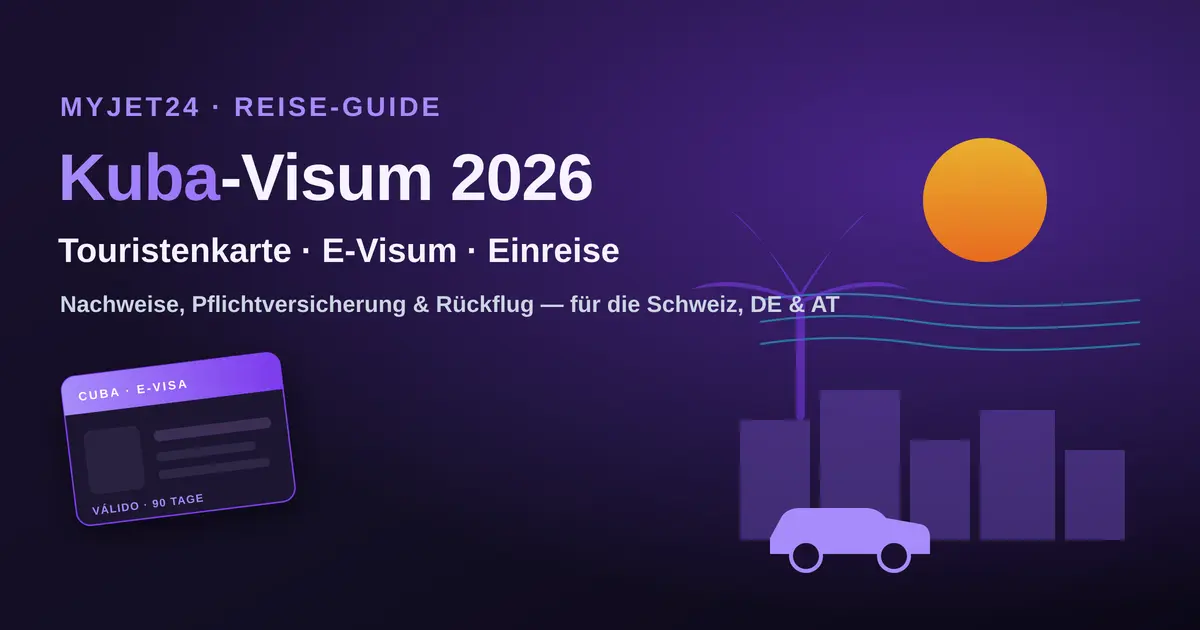 Kuba-Visum 2026 — Havanna mit Oldtimer, Palme und E-Visum-Karte; Touristenkarte, Einreise und Nachweise für DACH-Reisende