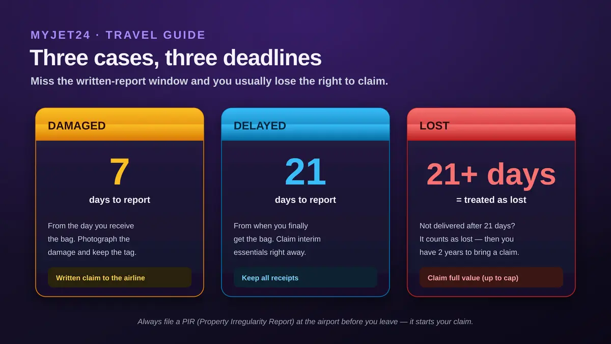 Montreal Convention baggage deadlines: damaged baggage report within 7 days, delayed baggage within 21 days of receipt, baggage not delivered after 21 days is treated as lost with 2 years to bring a claim; always file a PIR at the airport