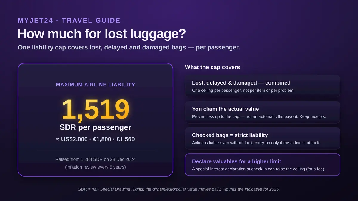 Montreal Convention baggage liability 2026: maximum 1,519 SDR per passenger (about US$2,000, €1,800, £1,560), raised from 1,288 SDR on 28 December 2024; covers lost, delayed and damaged combined, you claim the actual proven value, checked bags are strict liability