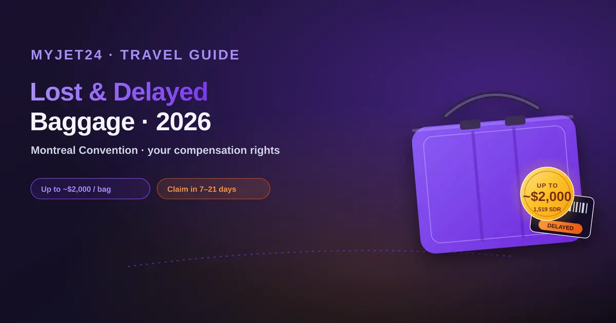 Lost and delayed baggage compensation 2026 — a suitcase with a delayed tag and a gold up-to-$2,000 badge; Montreal Convention liability, deadlines and how to claim