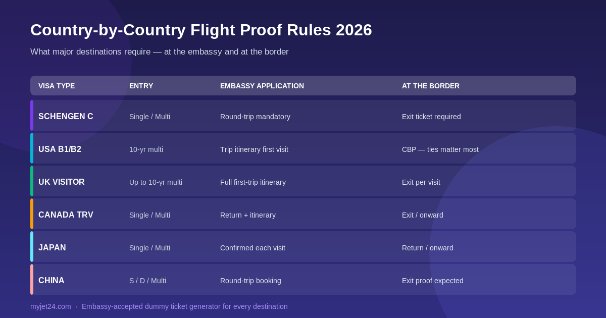 Country-by-country flight proof rules 2026 — Schengen, USA, UK, Canada, Japan, China entry requirements
