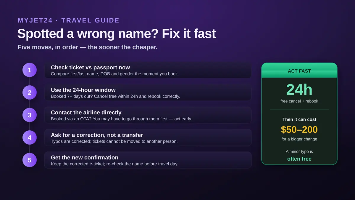 How to fix a wrong name on a flight ticket in 5 steps: check ticket against passport immediately, use the 24-hour free cancellation window, contact the airline directly, ask for a correction not a transfer, and get the new confirmation