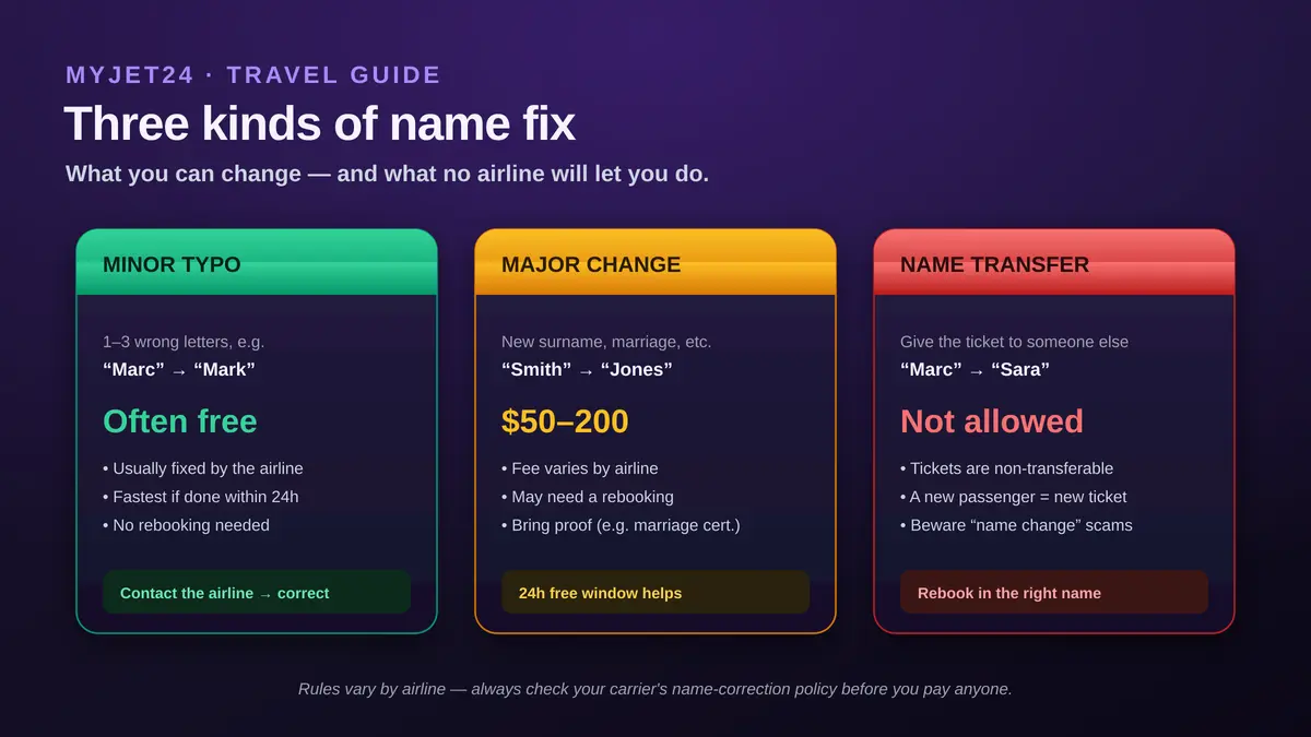 Three kinds of flight ticket name fix: a minor typo of 1-3 letters is often free, a major change like a new surname costs $50-200 and may need rebooking, and a name transfer to another person is not allowed because tickets are non-transferable