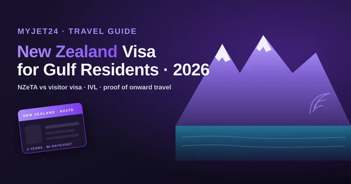 New Zealand visa for Gulf residents 2026 — Southern Alps, lake and an NZeTA card; NZeTA vs Visitor Visa, IVL and proof of onward travel