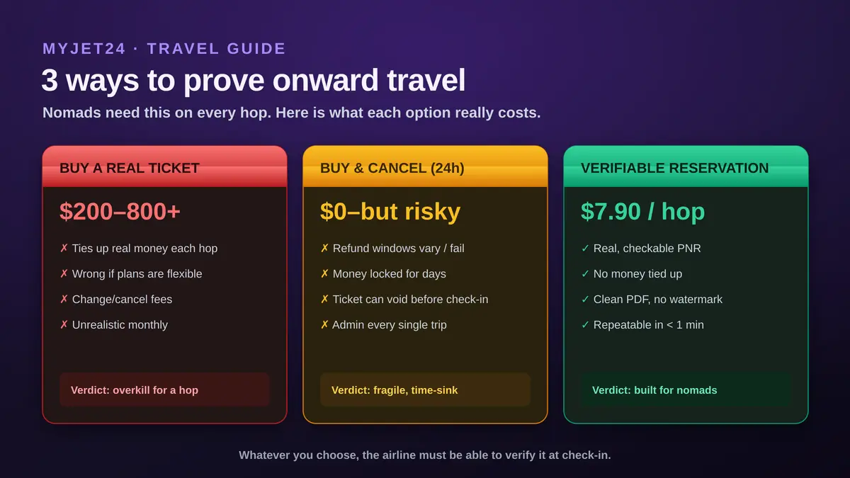 Three ways digital nomads prove onward travel compared: buying a real ticket ($200-800+, ties up money), buy-and-cancel within 24h (risky, refund windows fail), and a verifiable reservation at $7.90 per hop with a real checkable PNR