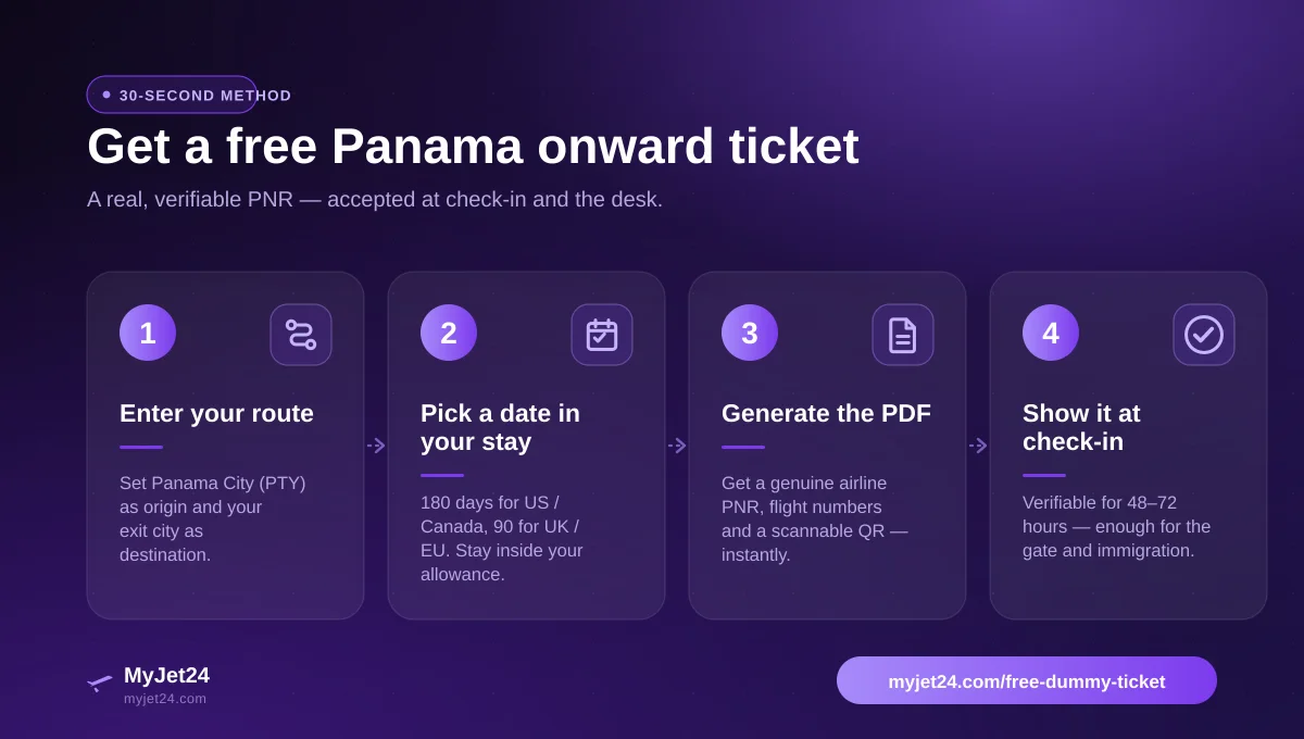 How to get a Panama onward ticket in 30 seconds — enter route, pick a date inside your stay, generate the PDF, show it at check-in
