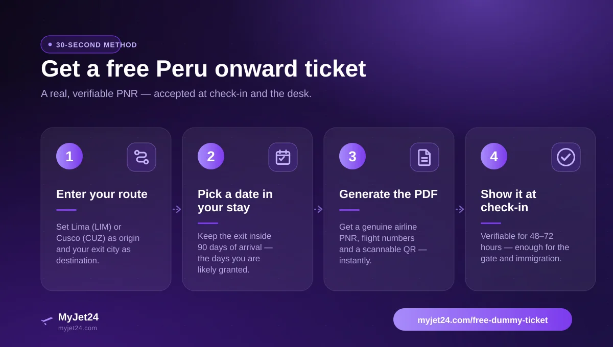 How to get a Peru onward ticket in 30 seconds — enter route, pick a date inside your stay, generate the PDF, show it at check-in