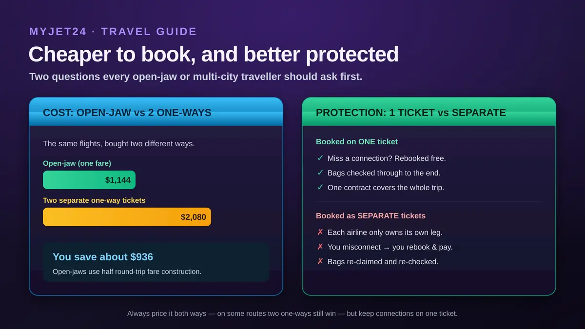 Two comparisons: an open-jaw ticket costing about 1,144 dollars versus two separate one-way tickets at about 2,080 dollars, a saving of roughly 936 dollars; and a protection checklist showing one ticket rebooks you free on a missed connection while separate tickets leave each airline responsible only for its own leg