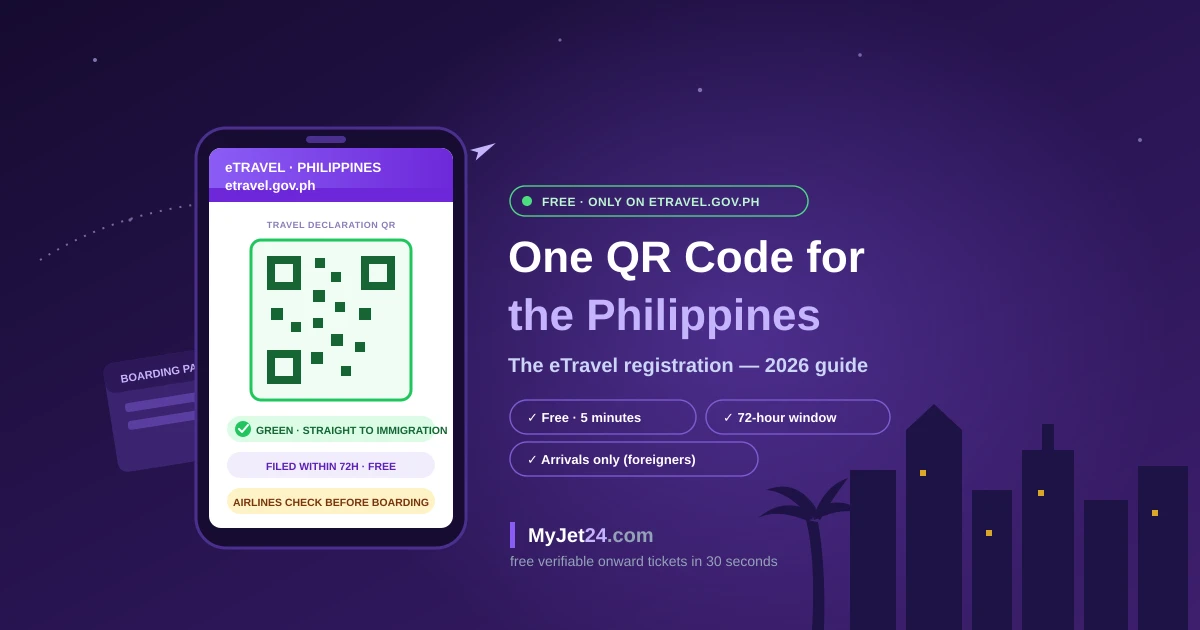 Philippines eTravel 2026 — the free QR-code travel declaration every arriving passenger must file within 72 hours, shown on a phone against a Manila skyline
