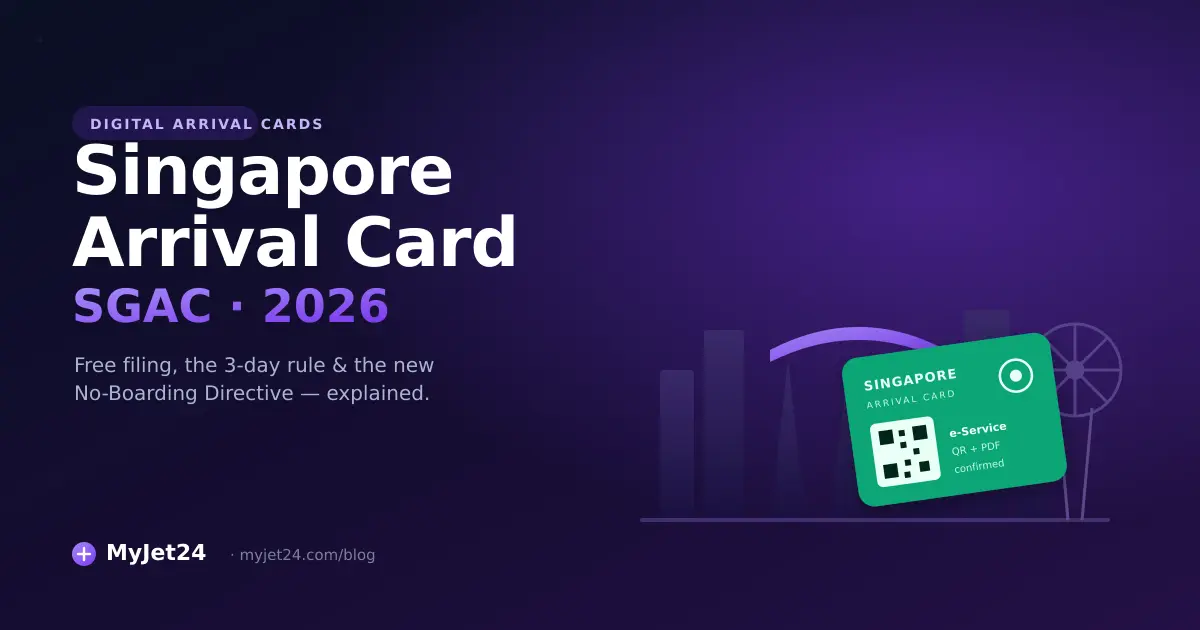 Singapore Arrival Card SGAC 2026 guide with Marina Bay skyline, a QR-code arrival card and the No-Boarding Directive