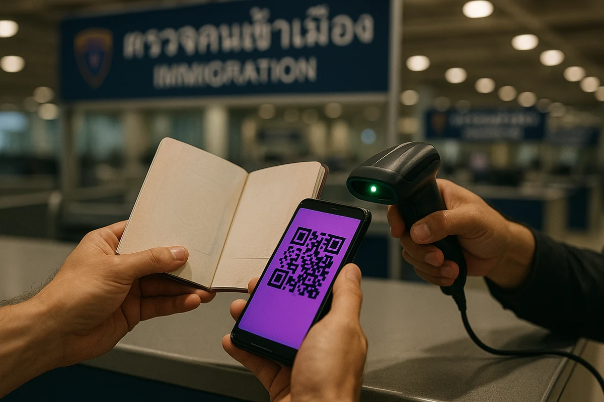 Immigration officer scanning TDAC QR code at Bangkok Suvarnabhumi airport