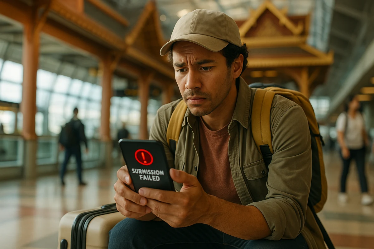 Traveller seeing TDAC submission error on smartphone at Bangkok airport