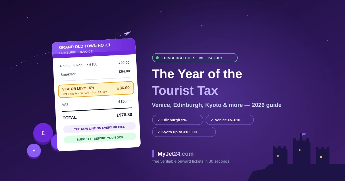 Tourist taxes 2026 — a hotel bill with Edinburgh's new 5 percent visitor levy line, against Edinburgh Castle and Venice skyline silhouettes