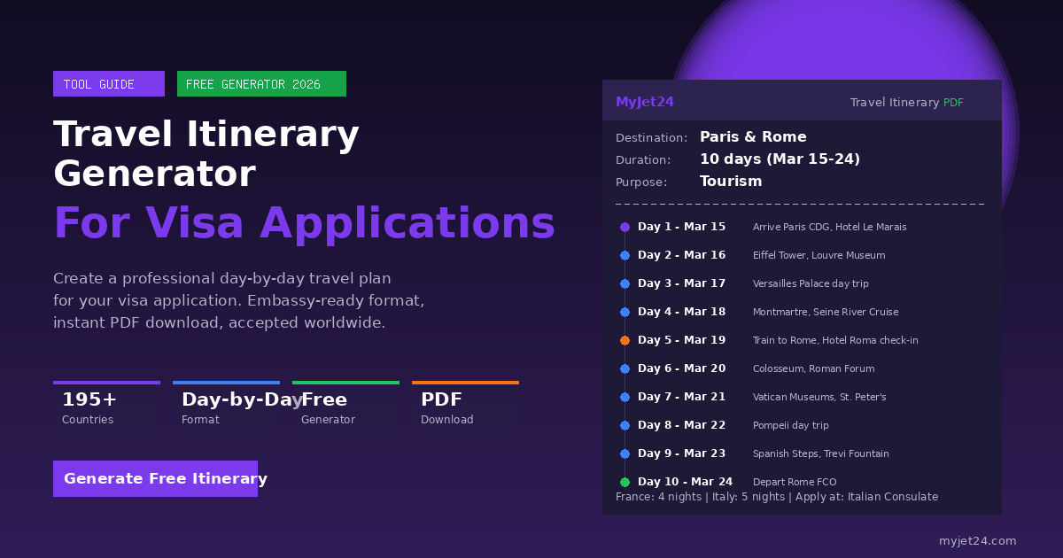 Travel itinerary for visa application 2026 - day-by-day plan generator for Schengen, US, UK visa with MyJet24