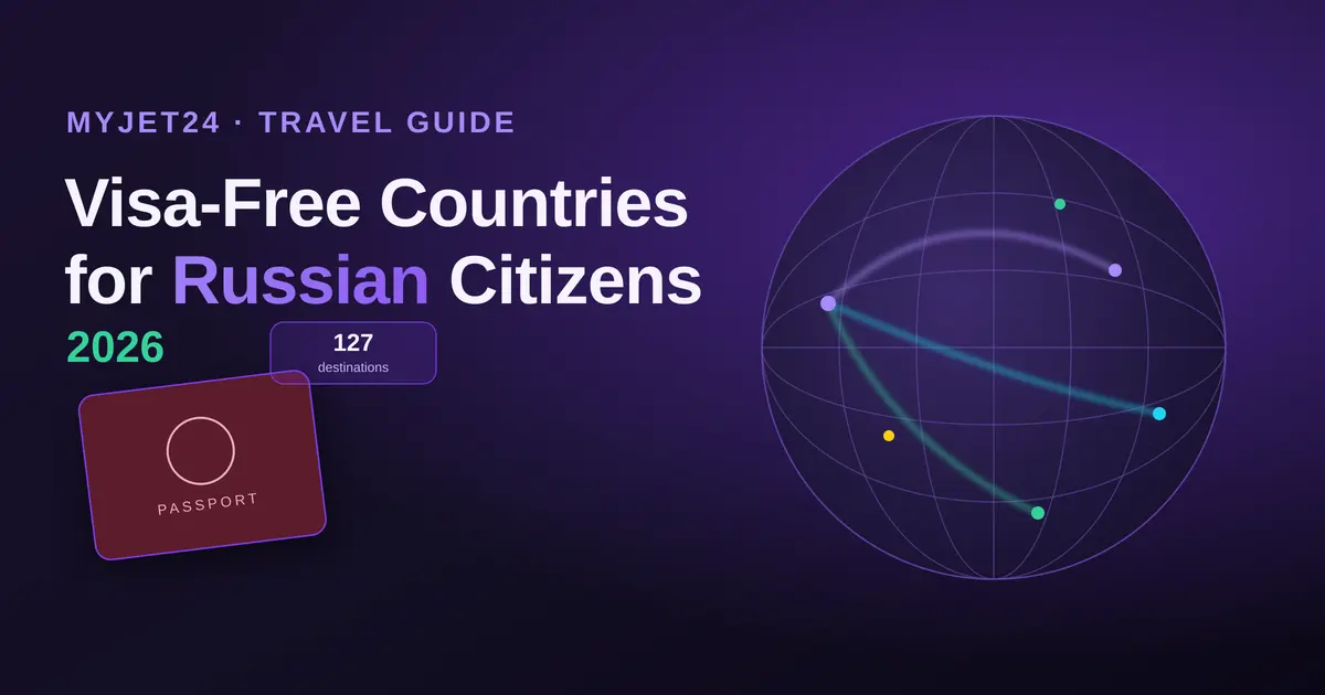 Visa-free countries for Russian citizens 2026 — globe with travel routes, passport and 127 destinations