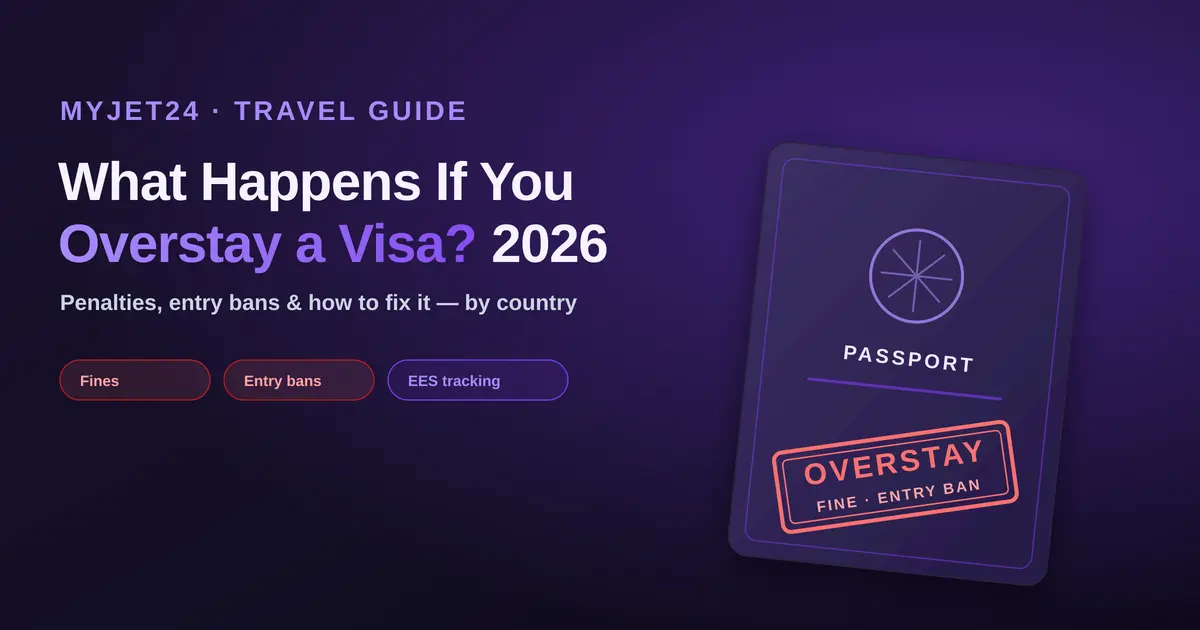 Visa overstay 2026 — a passport with a red OVERSTAY fine and entry-ban stamp; penalties, bans and how to fix it by country