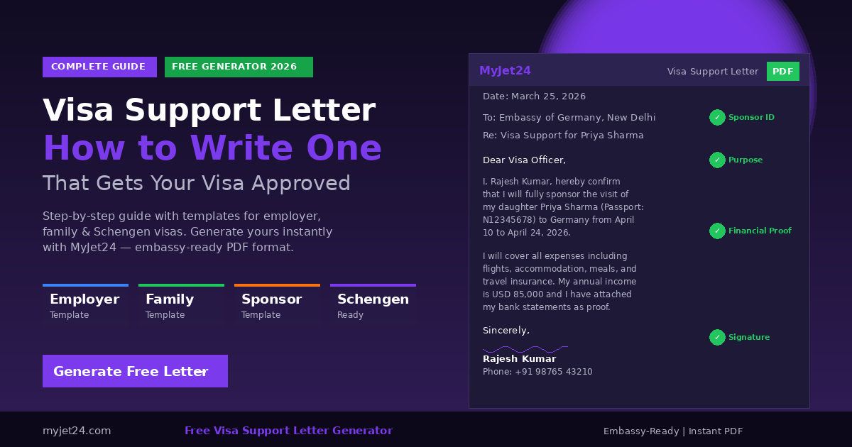 Visa support letter template with passport, pen and embassy stamp - complete guide for 2026 visa applications